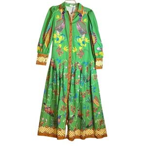 Commense Green Bird Print Maxi Shirt Dress Long Sleeve Pleated XS NWT